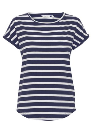 Tumši zilas un baltas svītraina īsām piedurknēm T-krekls ar noapaļotu kakla izgriezumu un nedaudz izliekta apakšmalu. Izgatavots no mīksta, elpojoša auduma.