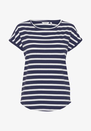 Tamnoplava i bijela prugasta majica kratkih rukava s okruglim izrezom i blago zakrivljenim rubom. Izrađena je od mekog, prozračnog materijala.