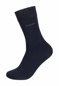 Calzino in cotone blu navy con bordo a costine, caratterizzato da un sottile branding "JOOP!" lungo il lato. Texture liscia, lunghezza standard alla caviglia.
