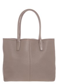 Grå strukturerad läderhandväska med två handtag, med en enkel design utan synliga metalldetaljer eller accenter.