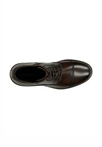 Scarpa in pelle marrone con lacci, dalla finitura liscia, punta arrotondata e dettagli cuciti lungo la parte anteriore. All'interno è presente il nome del marchio "wojas."