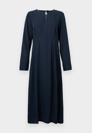 Navyblaues Midi-Kleid mit langen Ärmeln, rundem Ausschnitt, einem Schlüssel-Ausschnitt vorne mit Knopfverschluss und taillierter Passform.