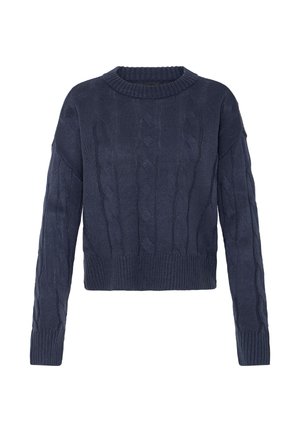 Marineblå kabelstrikket genser med cropped design, lange ermer, ribbestrikket hals og kant, med et teksturert mønster gjennom hele.