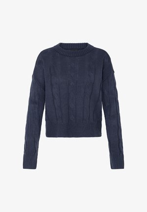 Pull en maille torsadée bleu marine, coupe courte avec des manches longues, col et ourlet côtelés, présentant un motif texturé sur l'ensemble.