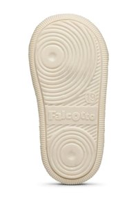 Suola in gomma bianca con motivi a cerchi concentrici, bordi testurizzati e logo "FalcOtto" impresso. Indicatore di taglia "19" visibile.