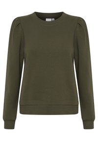 Olivgrüner Sweater aus weichem Stoff, mit Rundhalsausschnitt, langen Ärmeln mit Puffdetails sowie gerippten Bündchen und Saum.