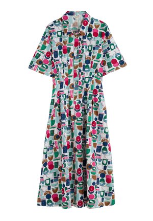 Kurzärmliges Kleid mit einem mehrfarbigen geometrischen Muster auf leicht blauer Stoff, mit einer Knopfleiste vorne und einer ausgestellten Silhouette.