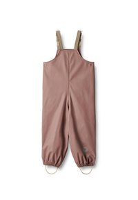 Waterbestendige roze overalls met verstelbare beige banden, elastische manchetten en logodetail op de taille, hebben een gladde textuur.
