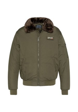 Olijfgroene bomberjack met een bruine nepbonten kraag, ritssluiting aan de voorkant, zijzakken en een merkpatch op de borst. Geribde manchetten en zoom.