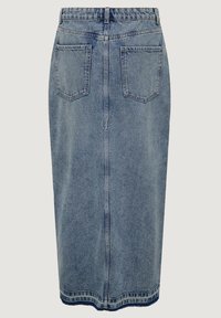 Denim midi krilo, svetlo modra, ravna kroja. Ima dva zadnja žepa, podrobnosti o šivanju in rob srahkom.