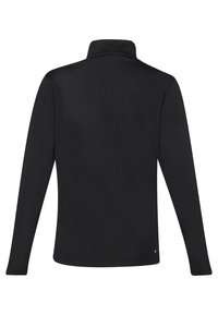 Schwarzer Fleece-Pullover mit hohem Kragen, langen Ärmeln und glatter Textur. Minimalistisches Design ohne sichtbare Marken oder Muster.