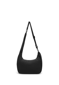 Sac d'épaule noir avec bandoulière réglable et corps rectangulaire, présenté suspendu sur un fond blanc.