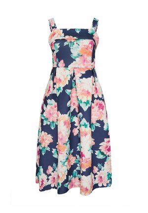 Marineblaues ärmelloses Midikleid mit quadratischem Ausschnitt und pink-orange-grünem Blumenmuster.