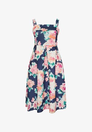 Marineblauwe mouwloze midijurk met roze, oranje en groene bloemenprint en een vierkante halslijn.
