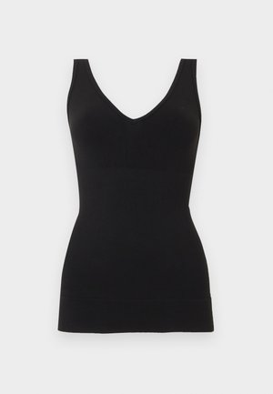 Black sleeveless V-neck fitted tank top with wide shoulder straps, displayed on a plain white background.