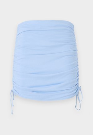 Light blue ruched mini skirt made of stretchy fabric. Features drawstring ties on the sides for adjustable fit and smooth texture.