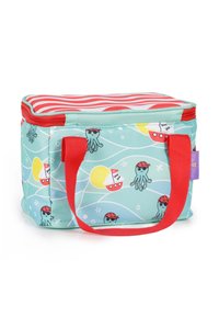 Insulated lunch bag featuring a turquoise base with octopus and boat patterns, red striped top, and red handles. Zipper closure included.