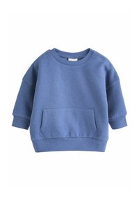Blå bomulds sweatshirt med rund hals, lange ærmer, ribbet manchetter og en lomme foran. Bemærkelsesværdig for sin bløde tekstur og afslappede pasform.