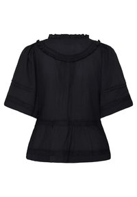 Blouse noire avec manches courtes bouffantes, bordure en dentelle au col, aux manches, à la taille et à l'ourlet, avec un détail volanté à l'encolure.