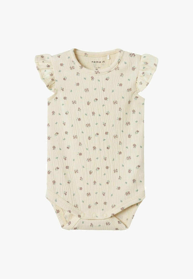 Jasno beżowy bawełniany bodysuit z krótkimi falbaniastymi rękawami, z kwiatowym wzorem w odcieniach różu i zieleni. Zapięcia na zatrzaski u dołu.