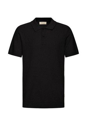 Schwarzes Polohemd mit kurzen Ärmeln, Kragen und Zwei-Knopf-Leiste, dargestellt vor einem schlichten weißen Hintergrund.