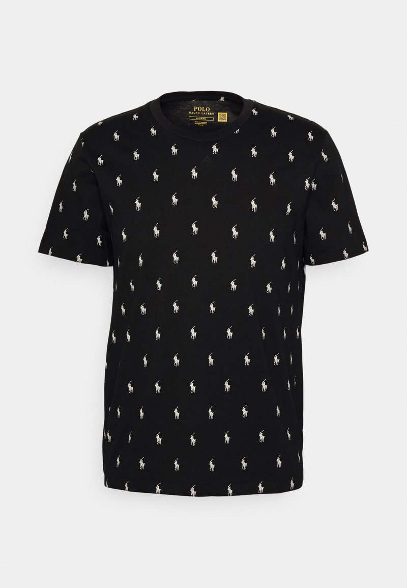 Black cotton t-shirt featuring a repeated white equestrian logo pattern. Crew neck design with short sleeves and a relaxed fit.