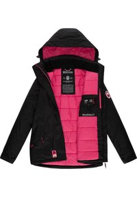 Svart utomhusjacka med en rosa kviltad foder, med en huva, dragkedjefickor och en logotags inuti. Justerbara ärmslut och dragkedjor.