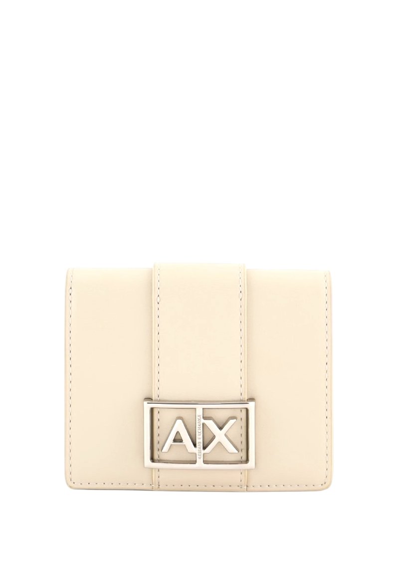 Portafoglio in ecopelle beige con una texture liscia, caratterizzato da un logo AX in tonalità argento e un design minimalista. Chiusura a pattina.