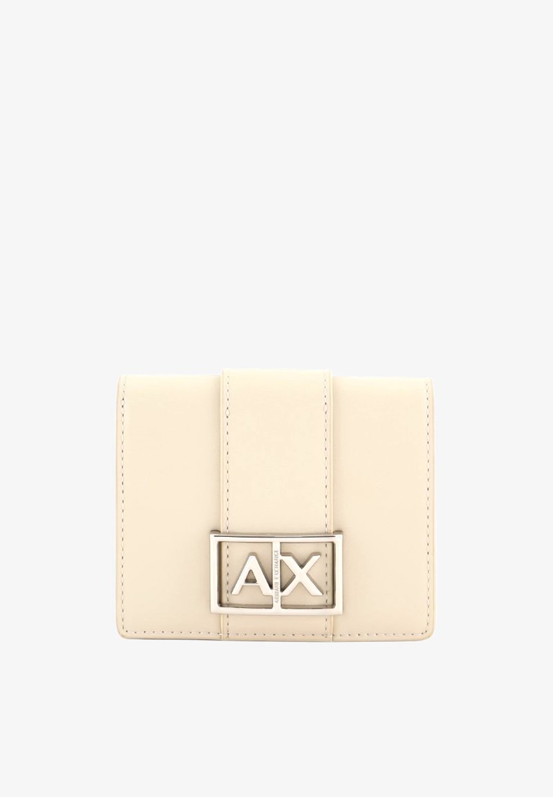 Portafoglio in ecopelle beige con una texture liscia, caratterizzato da un logo AX in tonalità argento e un design minimalista. Chiusura a pattina.