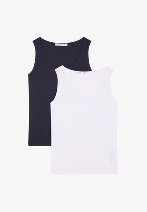 Due top in navy blu e bianco, realizzati in un tessuto morbido, con scollatura rotonda e un design classico e aderente. Etichetta taglia: S.