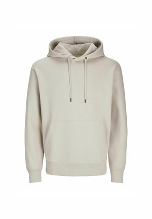 Svetlo béžová mikina s kapucňou vyrobená z mäkkej látky, s prednou kapsou, nastaviteľnými šnúrkami na kapucni a rebrovanými manžetami a spodným lemom.