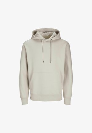 Light beige hoodie made from soft fabric, featuring a front pocket, adjustable drawstrings, and ribbed cuffs and hem.