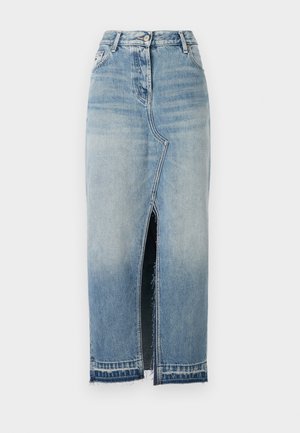 Light blue denim skirt with a front slit, high waist, and subtle fading. Raw hem at the bottom adds a textured detail.
