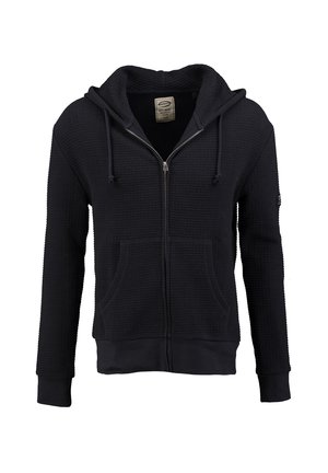 Schwarzer, strukturierter Kapuzenpullover mit Reißverschluss, Kapuze, Kordelzügen, aufgesetzten Taschen und gerippten Bündchen sowie Saum, dargestellt auf weißem Hintergrund.