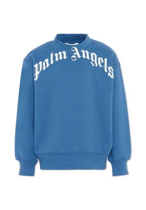 Niebieska bluza z okrągłym dekoltem z białym tekstem "palm Angels" w stylu gotyckim na piersi oraz długimi prążkowanymi mankietami i ściągaczem.