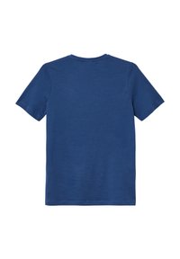 T-shirt z krótkim rękawem w jednolitym granatowym kolorze, wykonany z miękkiego materiału, z okrągłym dekoltem i czystym wykończeniem. Bez widocznych wzorów czy ozdób.