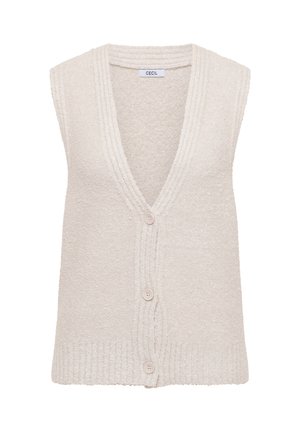 Licht beige mouwloze cardigan met een diepe V-hals, gestructureerd materiaal, drie knopen aan de voorkant en geribbelde randafwerking.