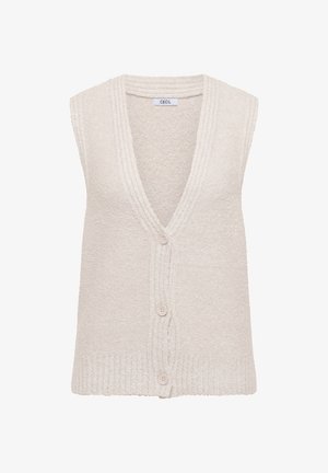 Helle beige ärmellose Strickjacke mit tiefem V-Ausschnitt, strukturiertem Material, drei Knöpfen vorne und geripptem Saumdesign.