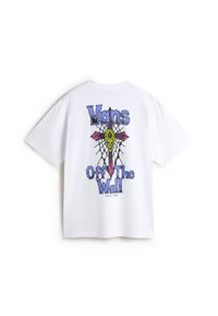 White cotton t-shirt featuring a colorful graphic on the back with "Vans Off The Wall" text, spider web, and a skull element. Short sleeves.