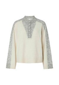 Pull crème avec des accents gris sur les épaules, les manches et l'encolure, comportant une courte patte de boutonnage avec cinq boutons recouverts.