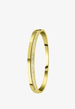 Bracelet en or au design épuré, avec une finition polie et une rangée de petites pierres transparentes sur un côté.