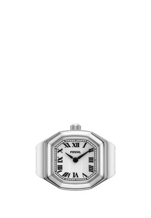Montre-bague Fossil en argent avec cadran octogonal, cadran texturé blanc, chiffres romains noirs et aiguilles des heures et des minutes noires.