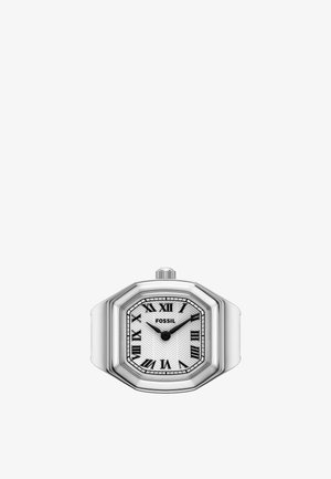 Montre-bague Fossil en argent avec cadran octogonal, cadran texturé blanc, chiffres romains noirs et aiguilles des heures et des minutes noires.