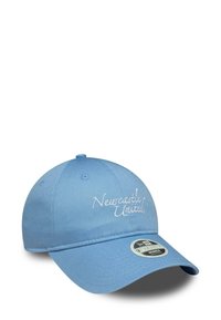 Light blue baseball cap with "Newcastle United" stitched in white on the front and a curved brim with a silver sticker.
