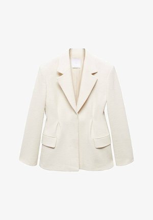 Krema blazer z teksturo, s ovratnikom s poševnim rezom, enojnim gumbom, dvema sprednjima žepoma in dolgimi rokavi.