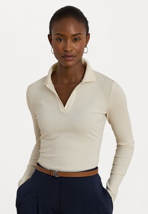 RIB-KNIT LONG-SLEEVE POLO TOP - Strikkegenser - mascarpone cream