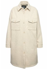 Kamelový kabát ze smíšené vlny s límečkem, předním zapínáním na knoflíky a dvěma náprsními kapsami. Má dlouhé rukávy a mírně zaoblený lem.