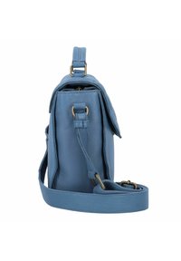 Borsa a tracolla blu in pelle con patta e tracolla regolabile. Presenta bottoni e hardware in metallo. Texture liscia, forma rettangolare.