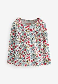 Langarm-Bluse mit floralem Muster auf weißem Hintergrund, verziert mit roten, blauen und gelben Blumen, runder Ausschnitt und weichem, strukturiertem Stoff.
