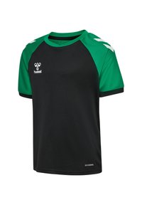 Schwarzes Kurzarm-Jersey mit grünen Ärmeln. Hergestellt aus feuchtigkeitsableitendem Stoff, verfügt über einen Rundhalsausschnitt und weiße Logoakzente auf den Schultern.